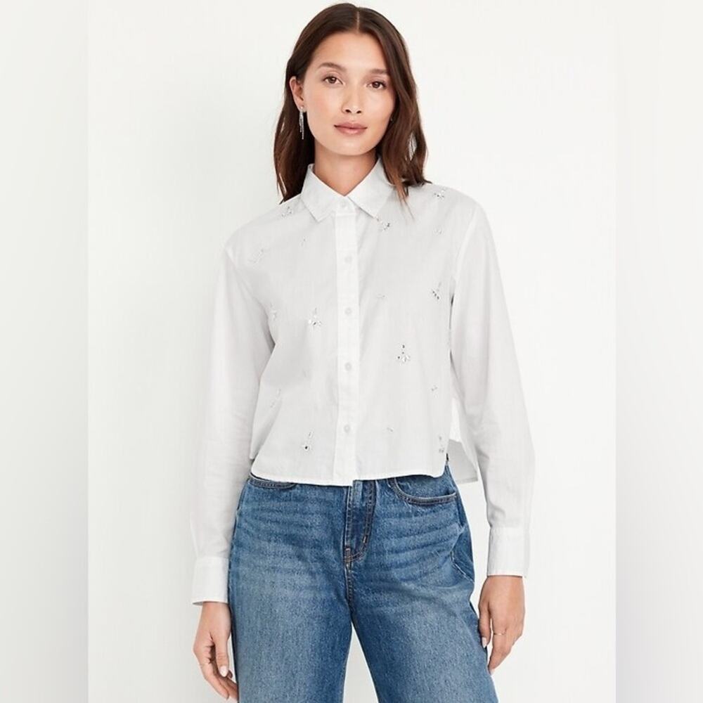 Old Navy Women's Embellished Cropped Button Down Shirt - XS b74